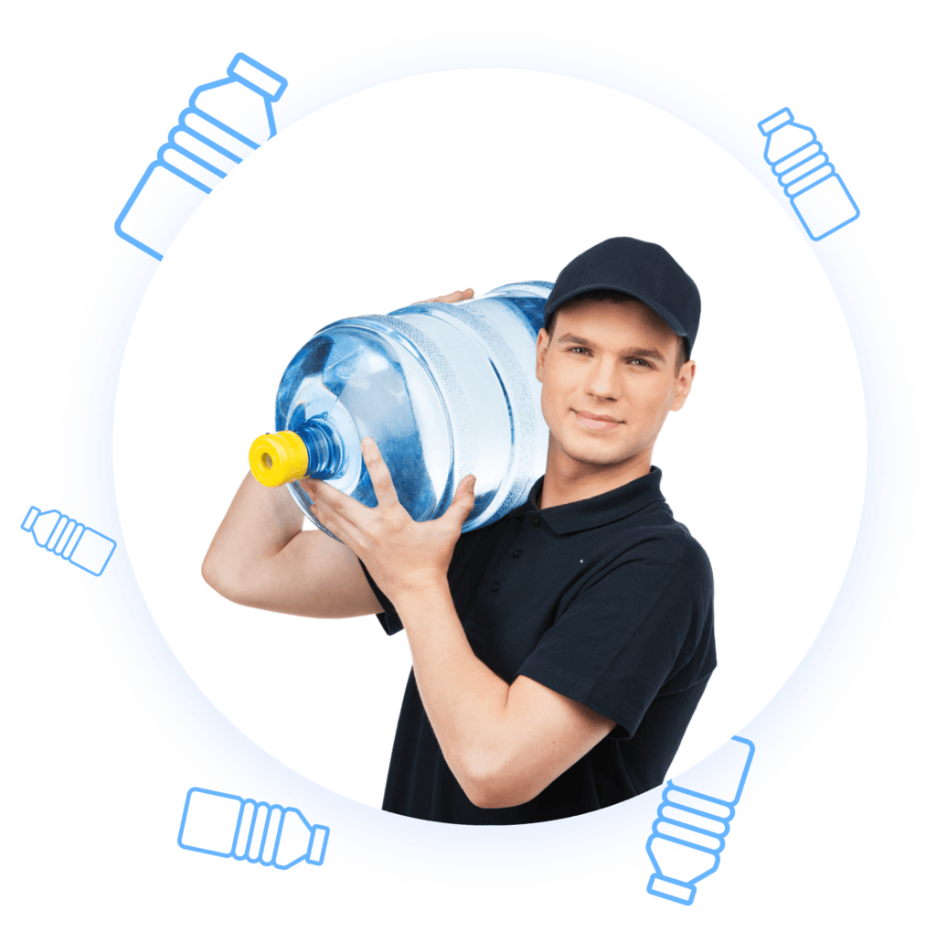 Water service specialist carrying a fresh water bottle